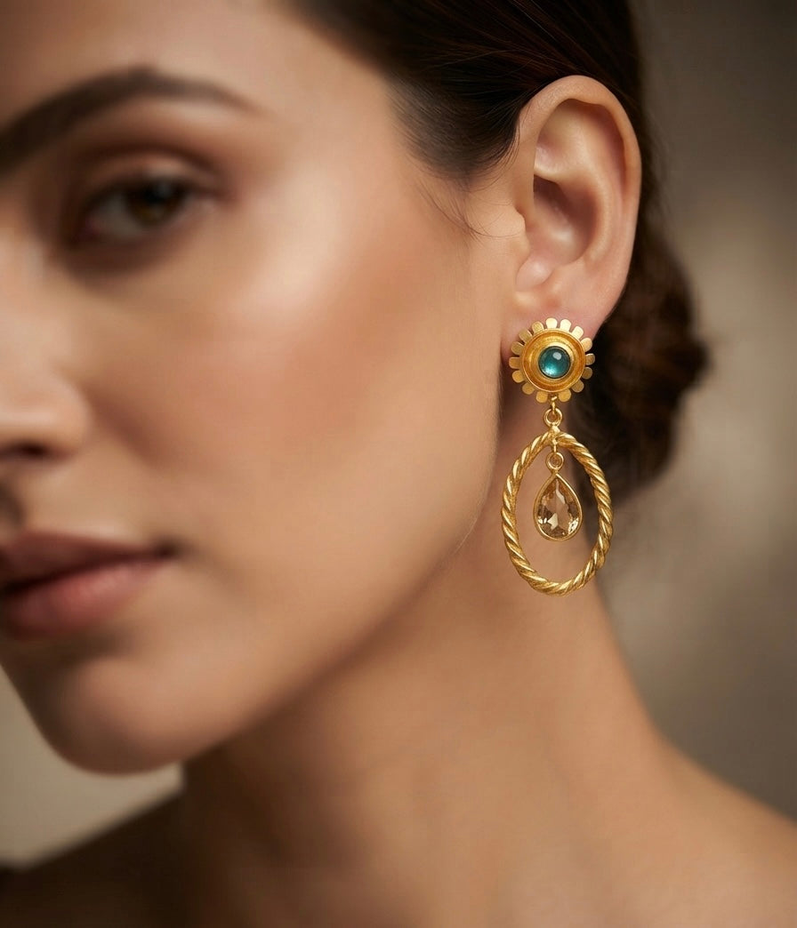 Gold Statement Drop Earrings with Blue & Smoky Quartz Gemstones