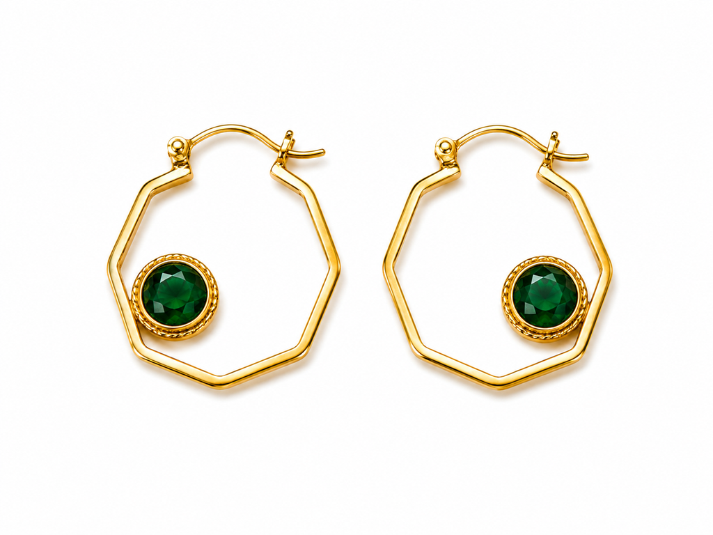 Geometric Emerald Green Gold Hoop Earrings