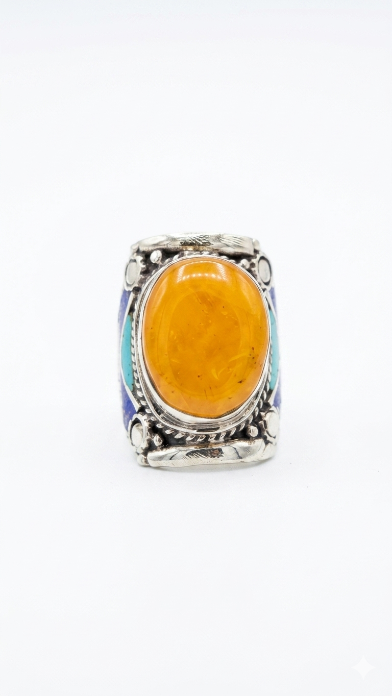 Vintage Yellow Jasper Statement Ring, Bohemian Tribal Ring