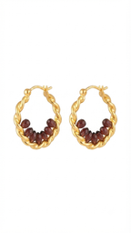 Gold Hoop Earrings with Garnet Red Crystal Accents