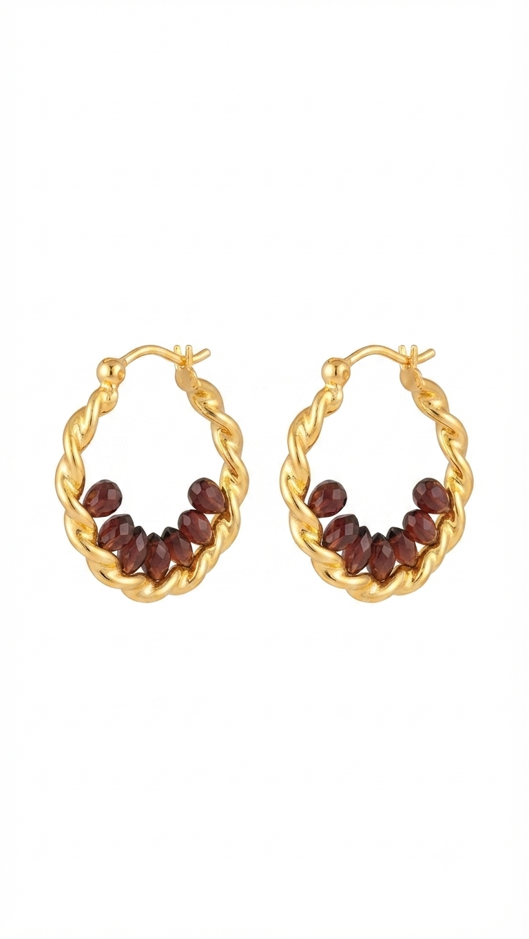 Gold Hoop Earrings with Garnet Red Crystal Accents