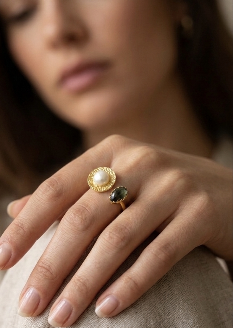 Pearl & Labradorite Gemstone Open Adjustable Ring