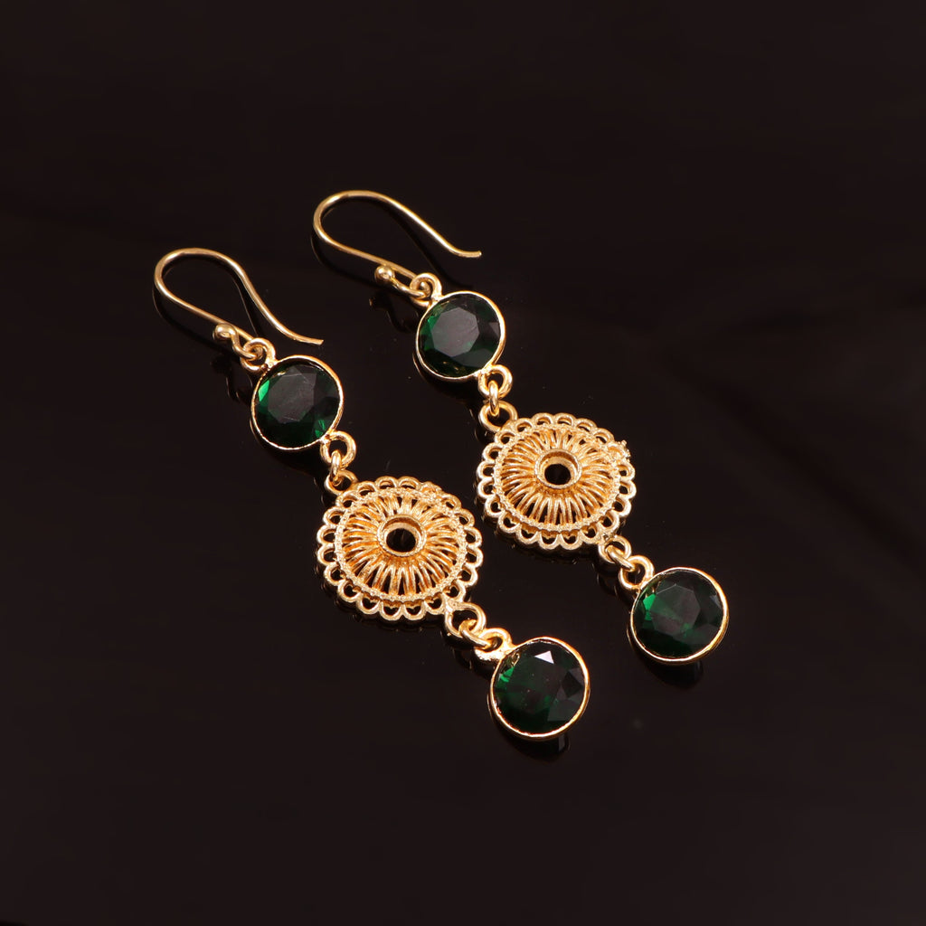 Gold Filigree Drop Earrings with Emerald Green Stones