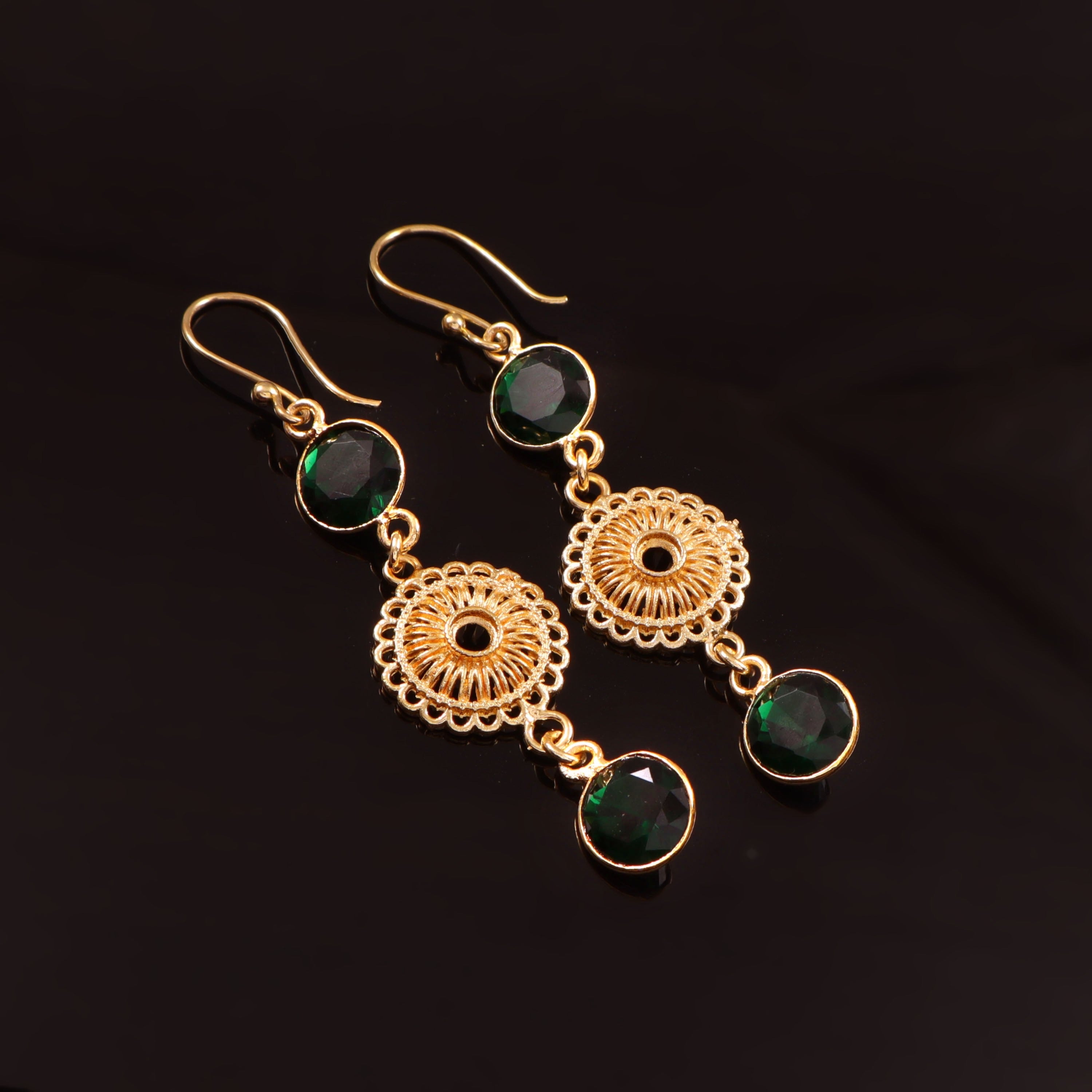 Gold Filigree Drop Earrings with Emerald Green Stones