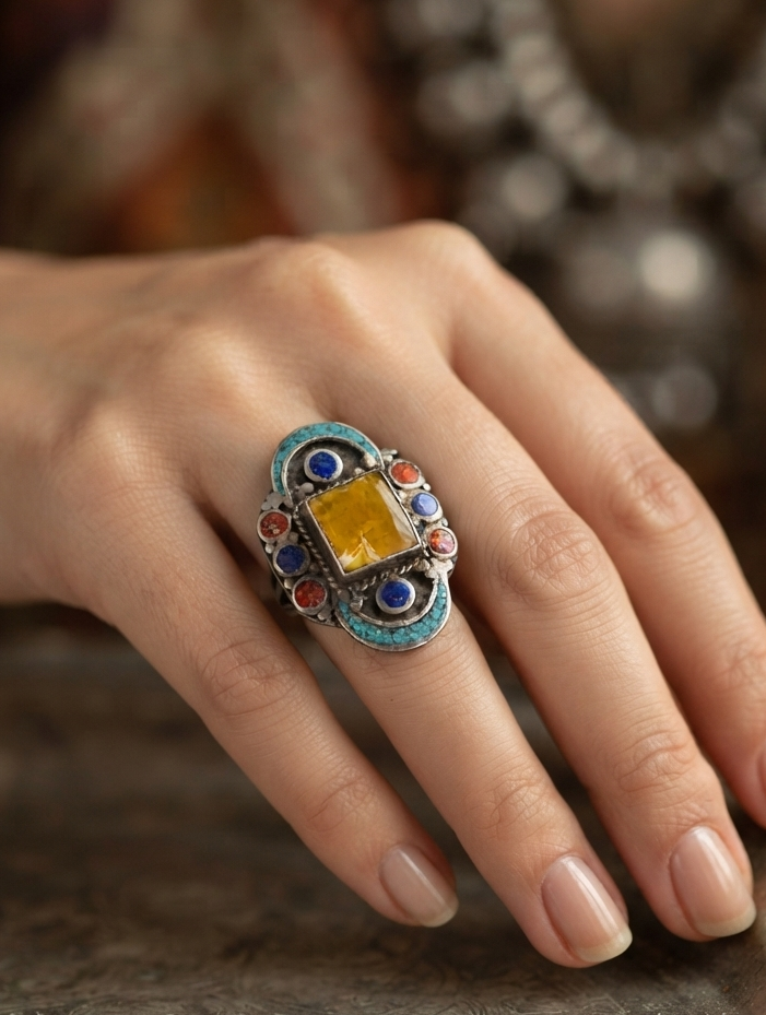 Turquoise, Coral, Lapis & Amber Mosaic Ring