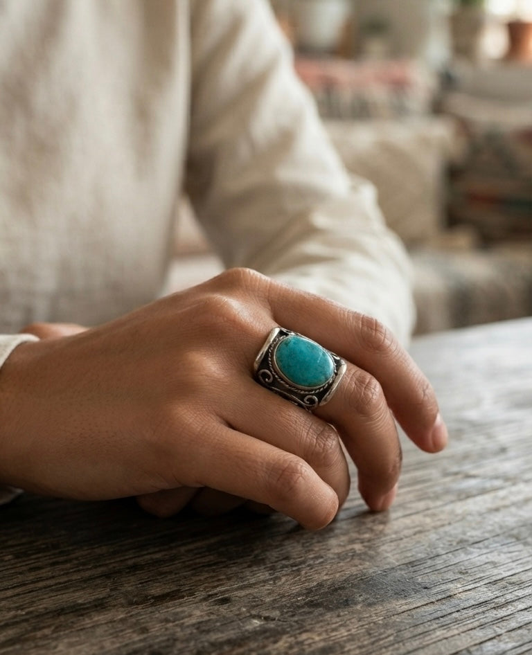 Vintage Turquoise Statement Ring | Handmade Tibetan Silver Ring