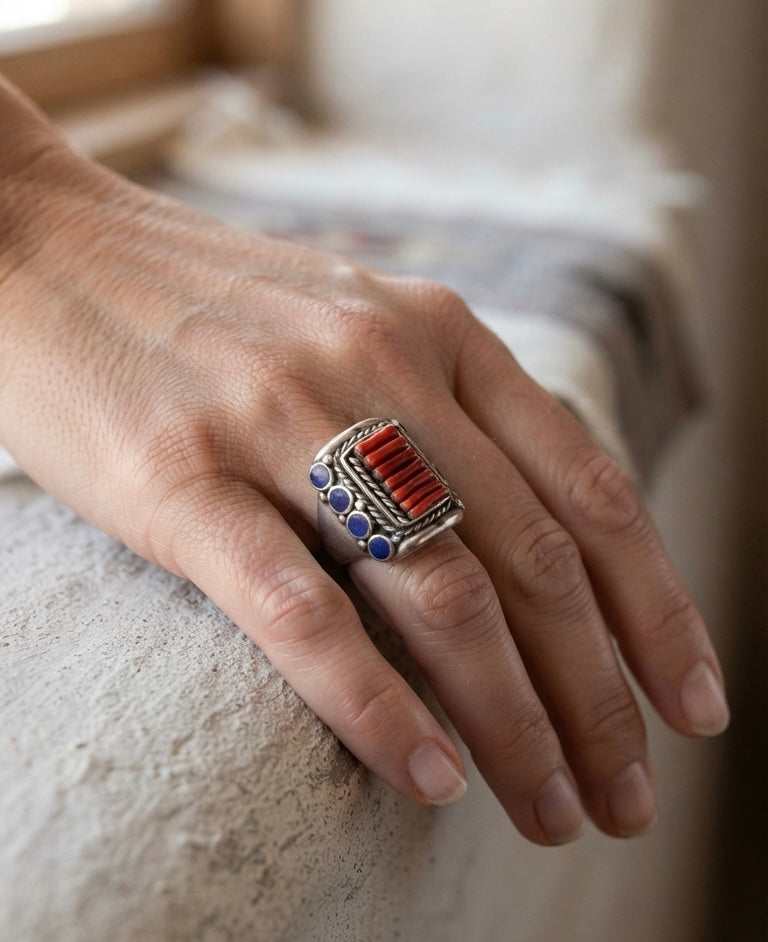 Red Coral & Lapis Lazuli Ring, Artisan Statement Ring