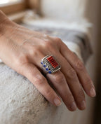 Red Coral & Lapis Lazuli Ring, Artisan Statement Ring