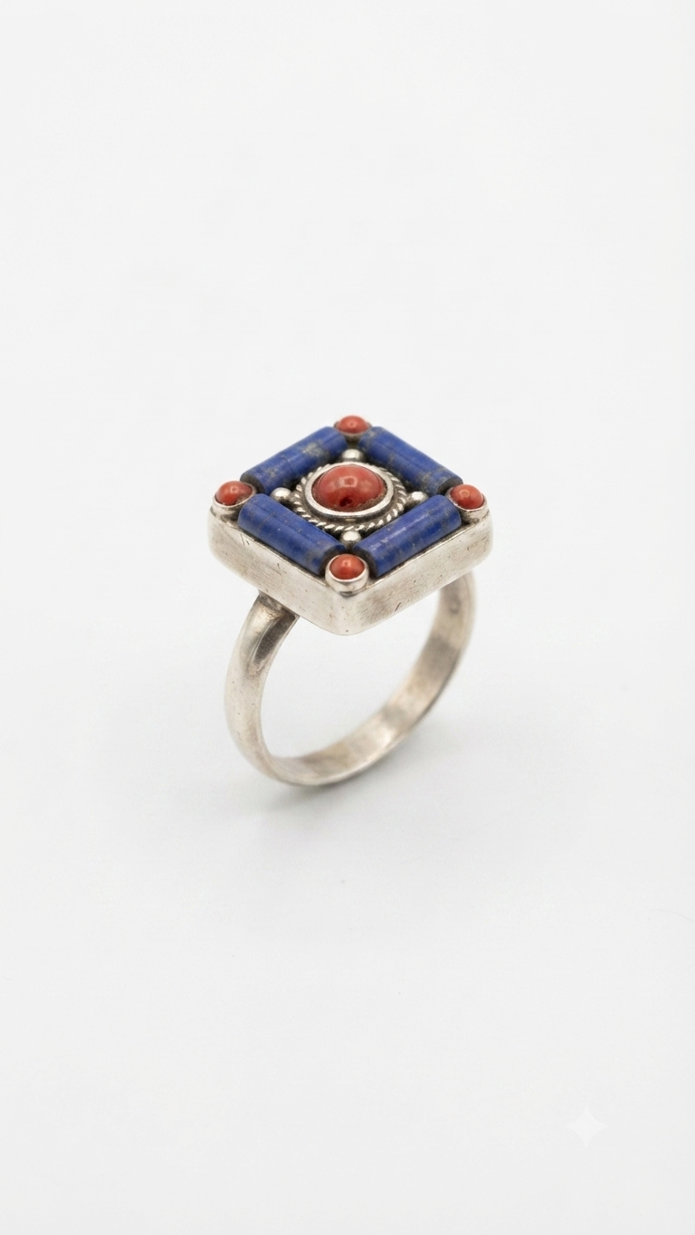 Handmade Tibetan Coral & Lapis Lazuli Ring