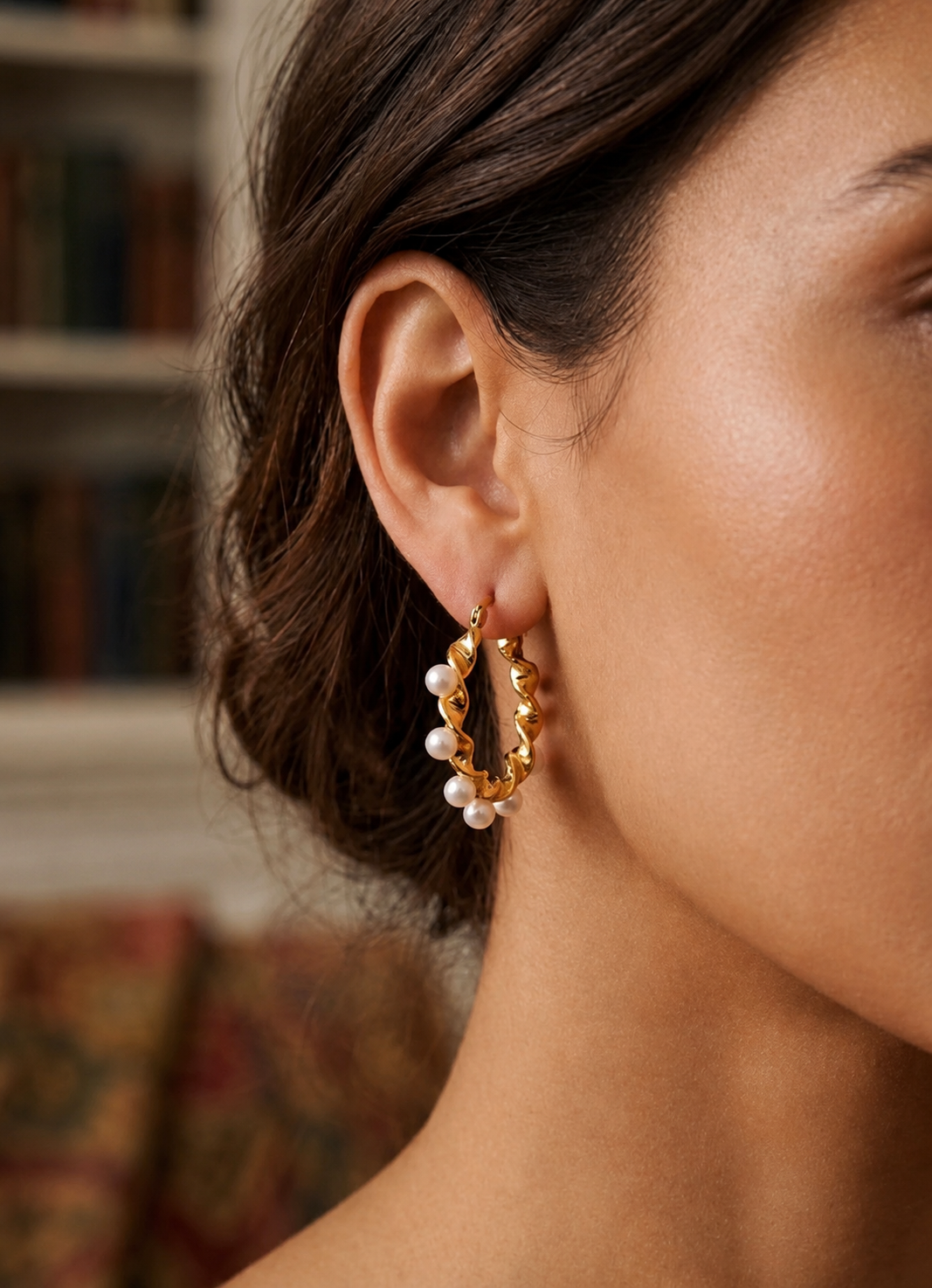 Twisted Gold Pearl Hoop Earrings