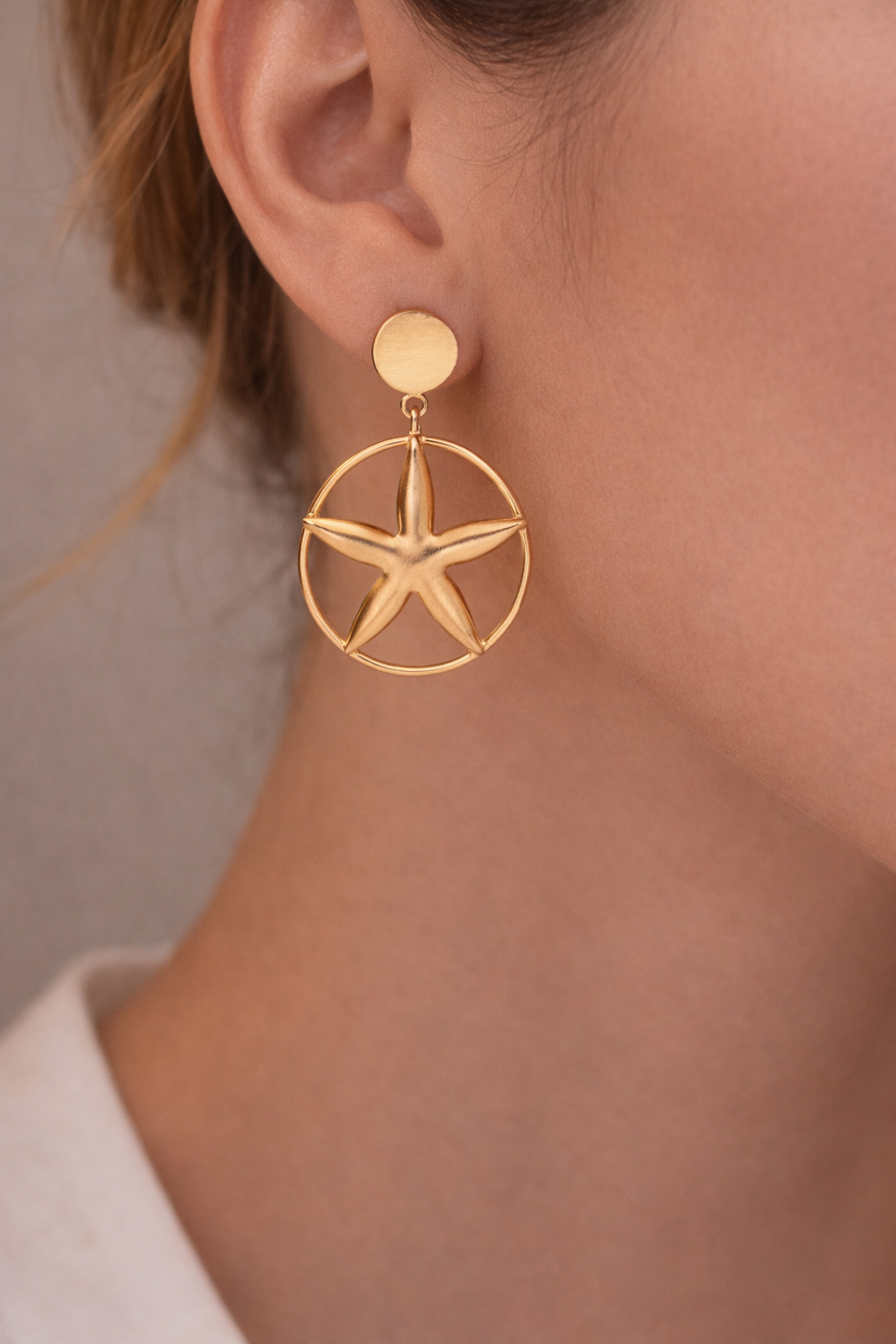 Gold Starfish Drop Earrings Round Stud Ocean Beach Jewelry