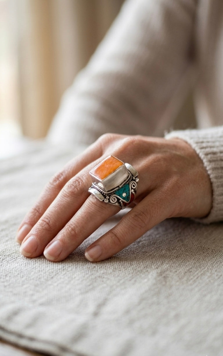 Orange Jasper & Turquoise Statement Ring | Handmade Tribal Ring