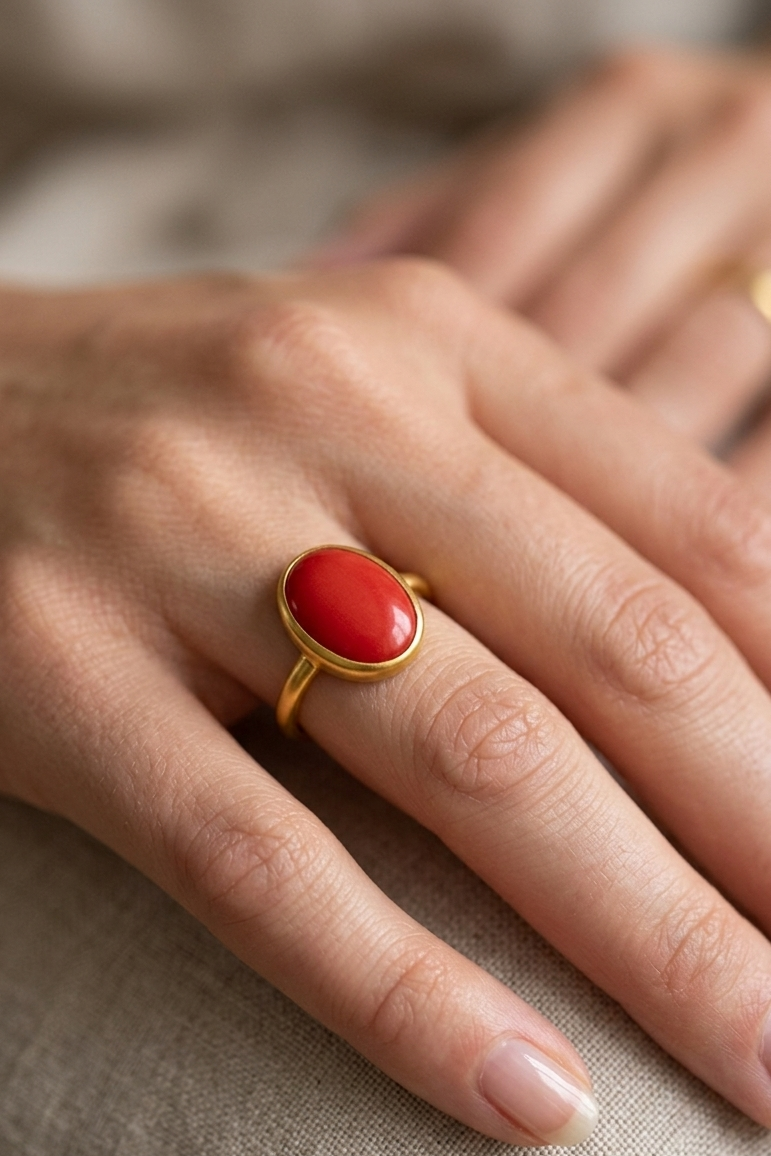Coral Oval Gemstone Ring