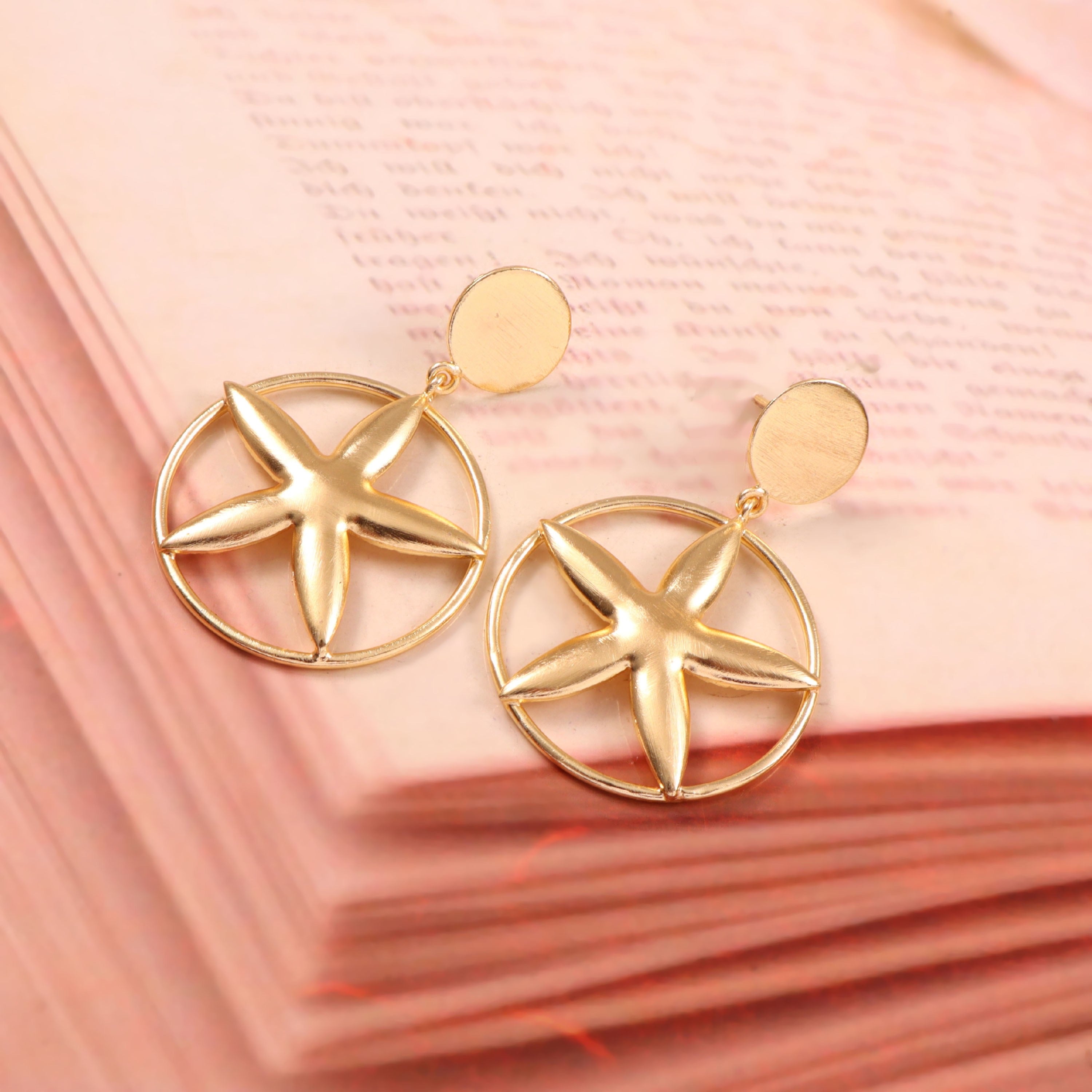 Gold Starfish Drop Earrings Round Stud Ocean Beach Jewelry