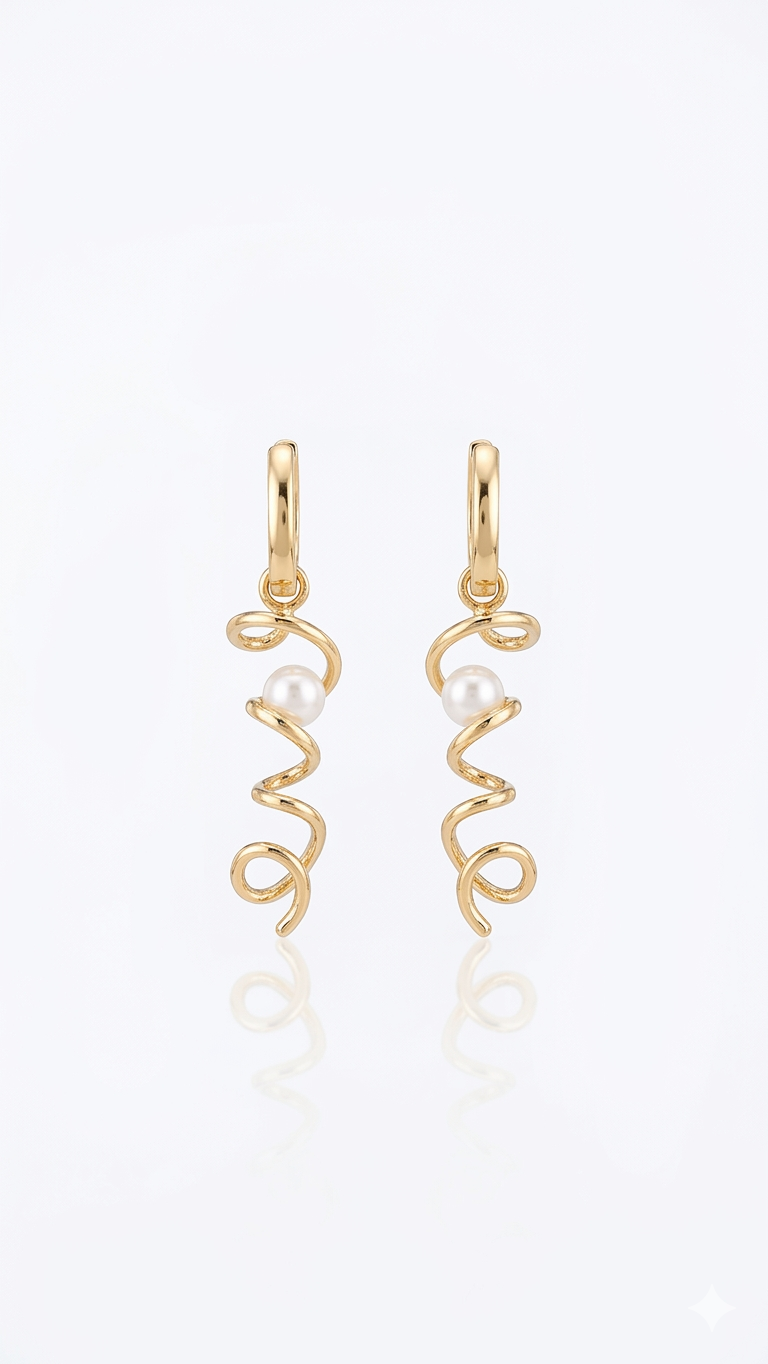 Gold Spiral Pearl Drop Earrings, Minimalist Twist Earrings
