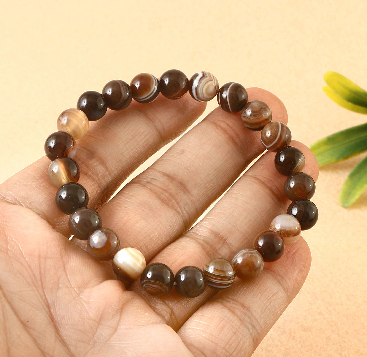 Suleimani Hakik Brown Banded Agate Beads Stretch Bracelet Good Luck Health Wealth Relationship Healing