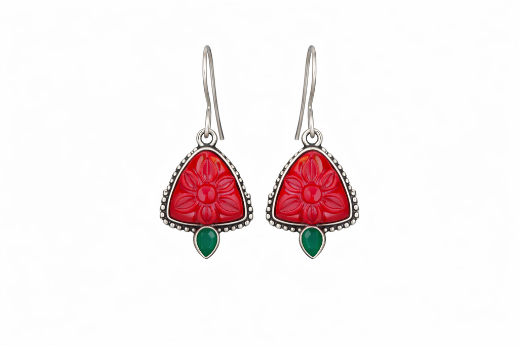 Red Floral Stone Silver Drop Earrings