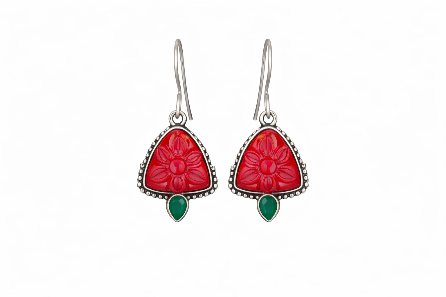 Red Floral Stone Silver Drop Earrings