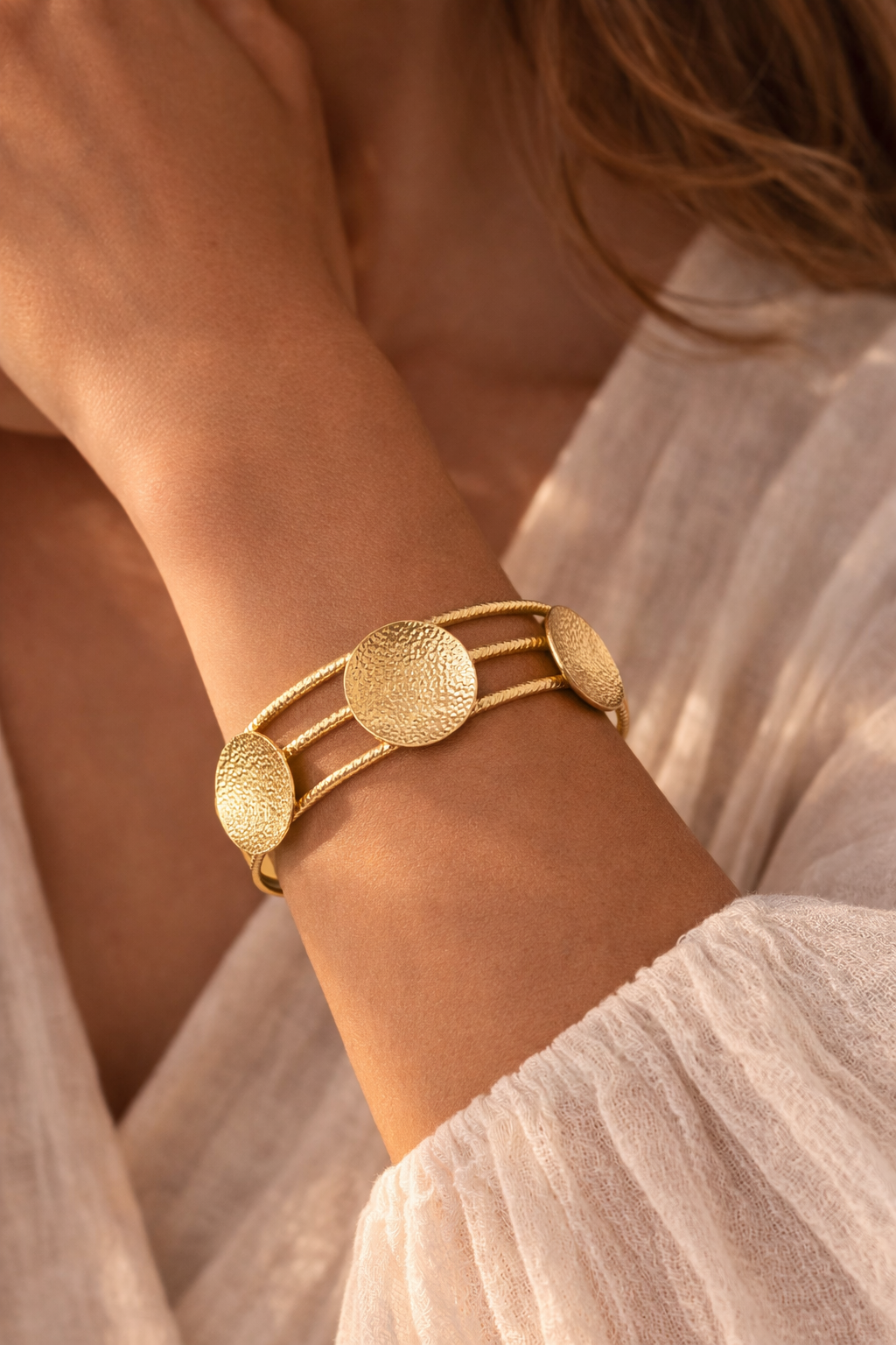 Elegant Hammered Disc Gold Cuff Bracelet