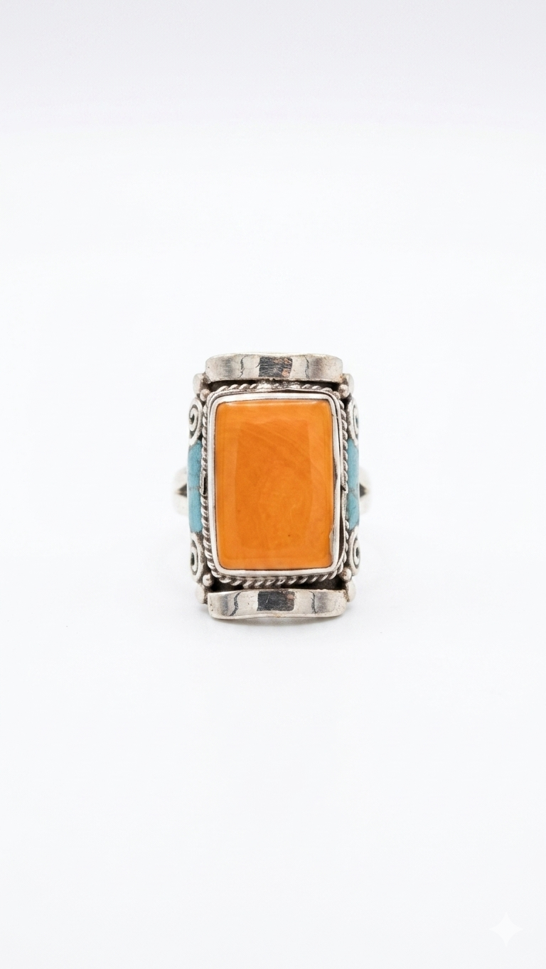 Orange Jasper & Turquoise Statement Ring | Handmade Tribal Ring