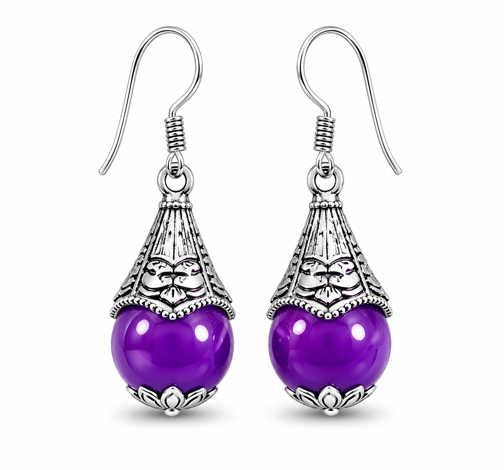 Vintage Purple Bead Silver-Tone Drop Earrings