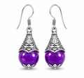 Vintage Purple Bead Silver-Tone Drop Earrings