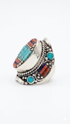 Coral & Turquoise Inlay Statement Ring | Tibetan Tribal Ring