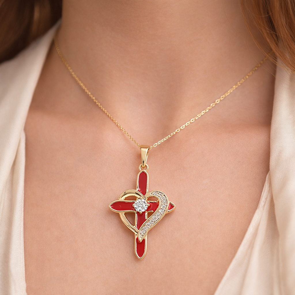 Red Enamel Cross & Heart Diamond Pendant