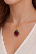 Gold-Tone Oval Deep Red Stone Pendant