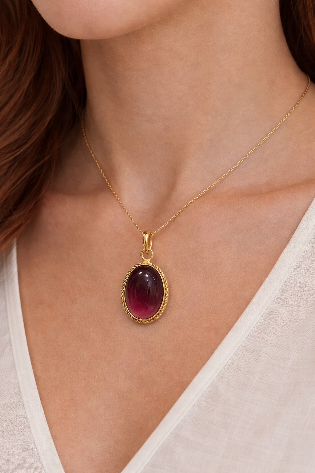 Gold-Tone Oval Deep Red Stone Pendant