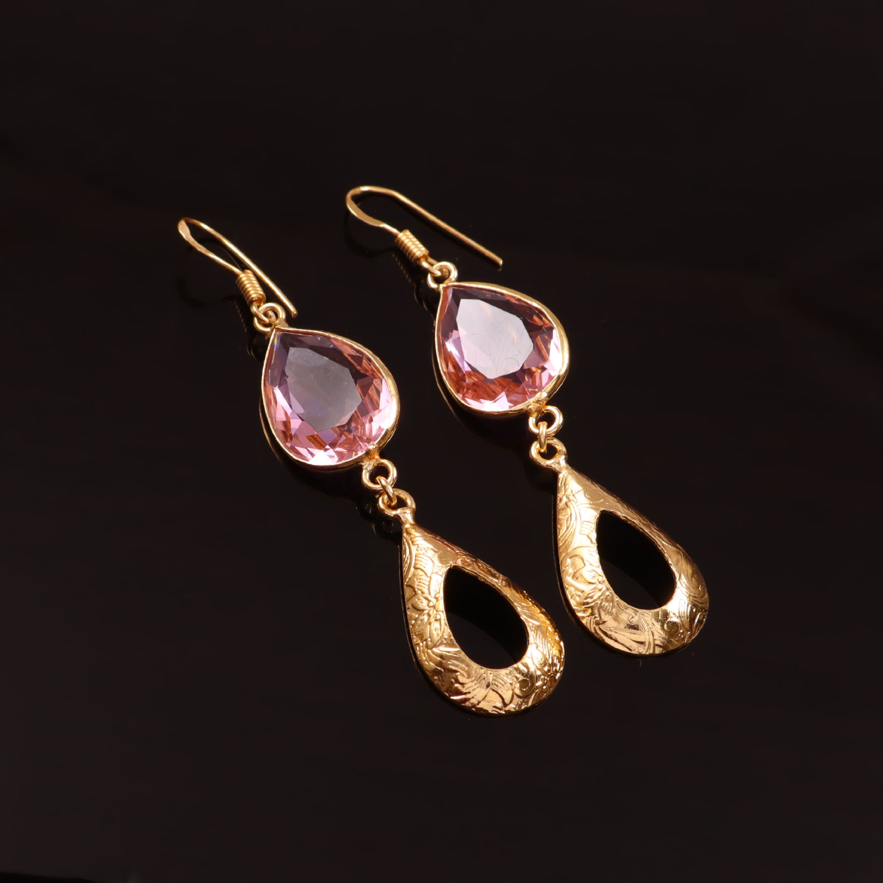 Pink Stone Gemstone Dangle Earrings Gold