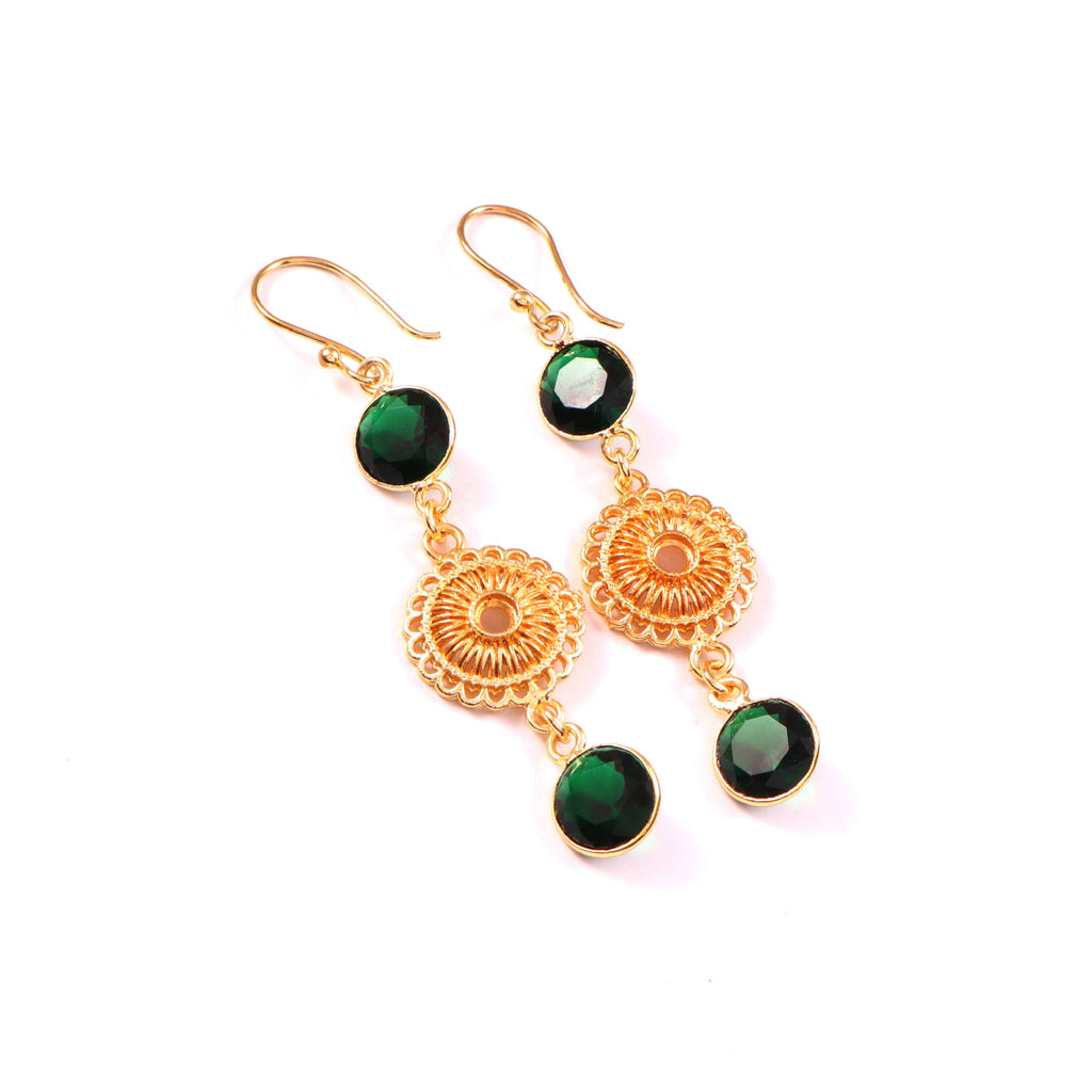 Gold Filigree Drop Earrings with Emerald Green Stones