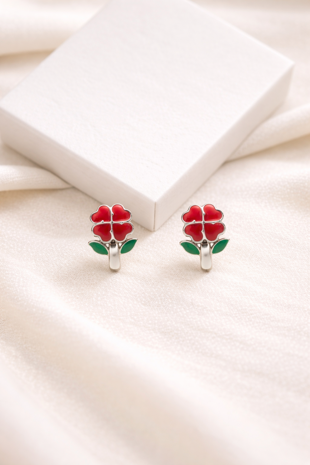 Cute Red Flower Earrings Green Leaf Studs