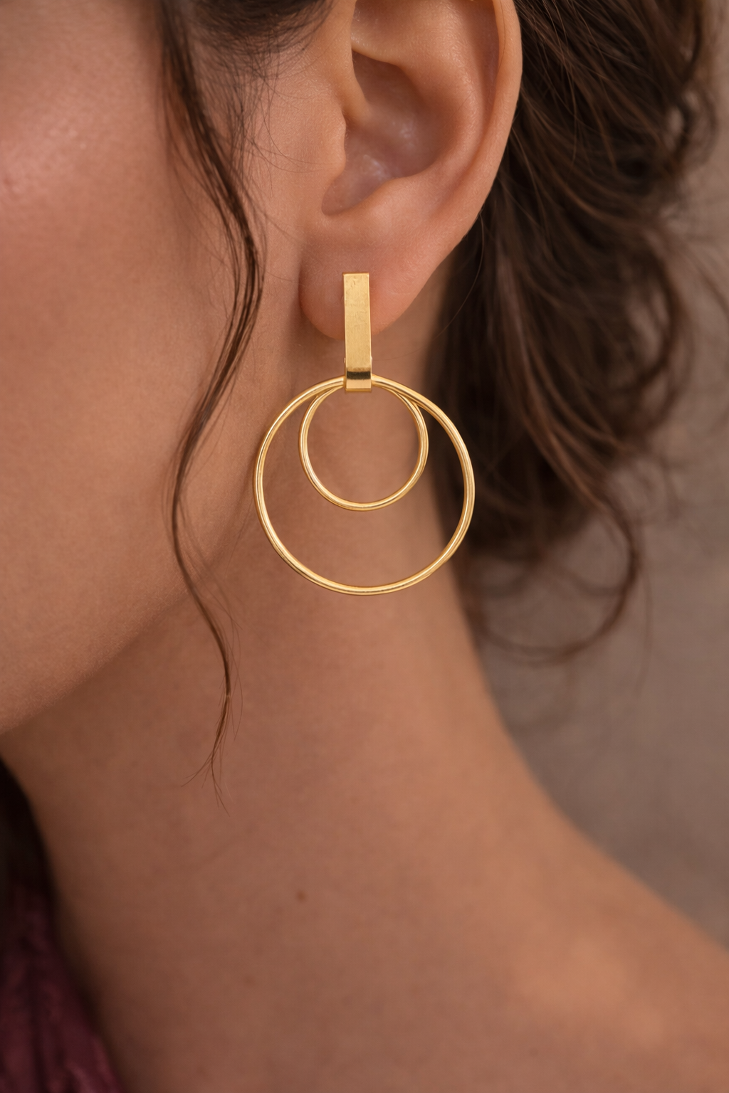 Gold Tone Double Hoop Drop Earrings Modern