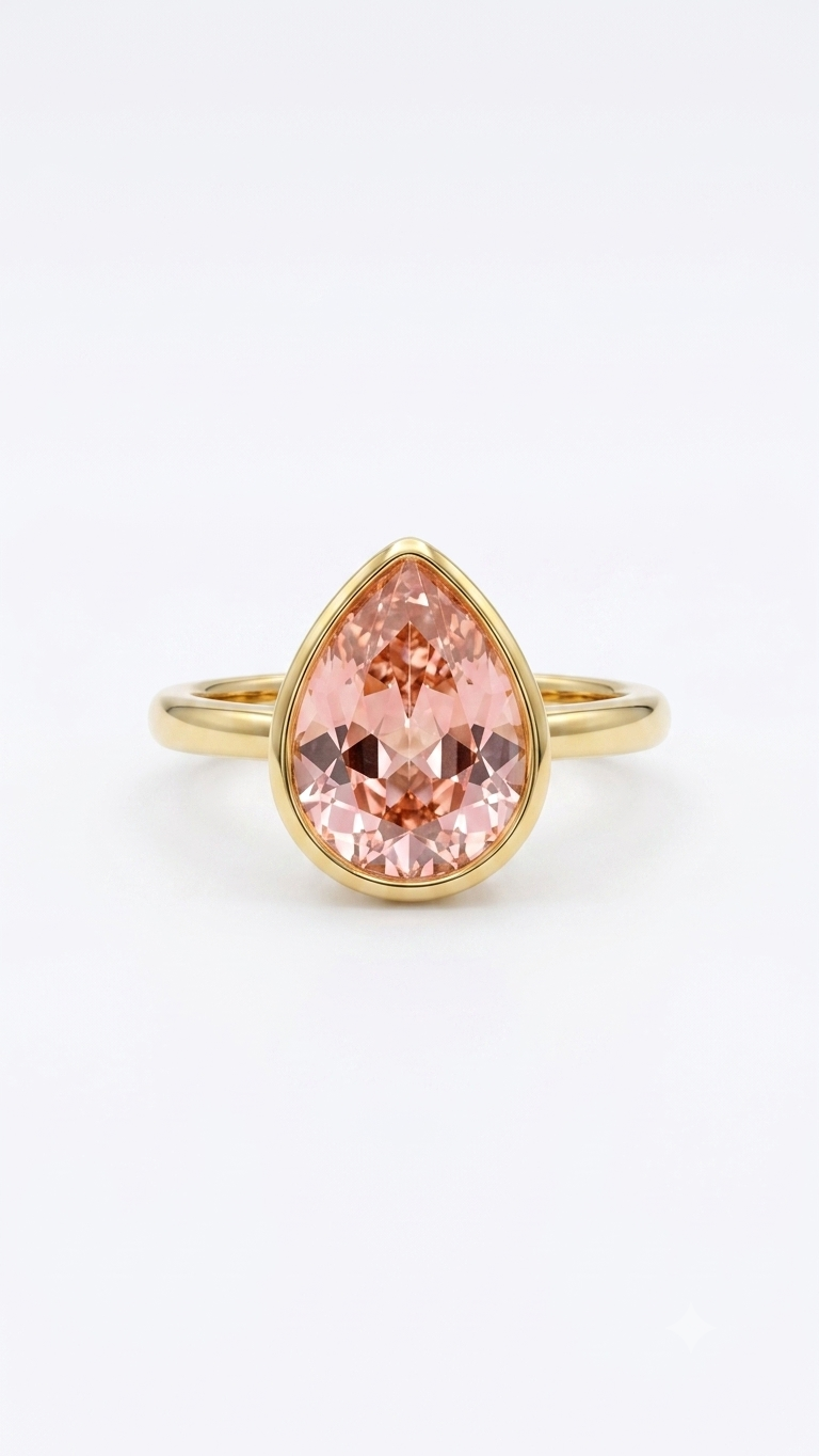 Morganite Pear Gold Ring, Pear Cut Bezel Gemstone Ring