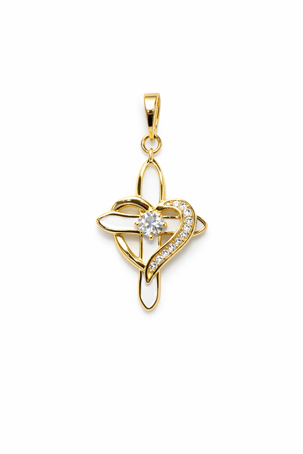 Gold Cross Heart Pendant Necklace | White Enamel Cross with CZ Diamond