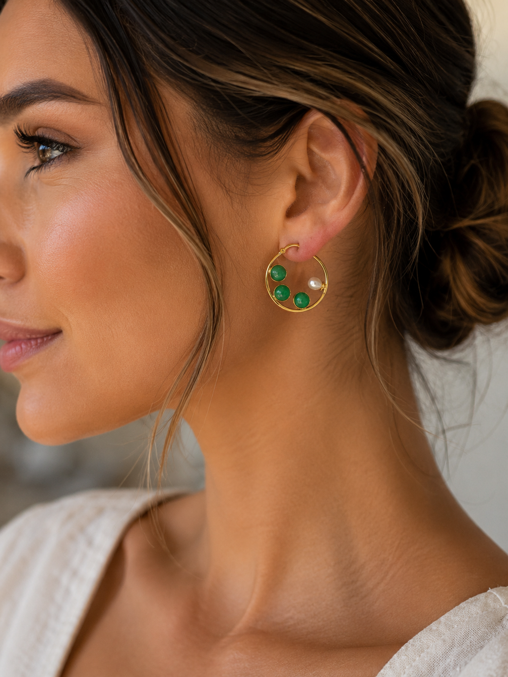 Green Stone & Pearl Gold Hoop Earrings