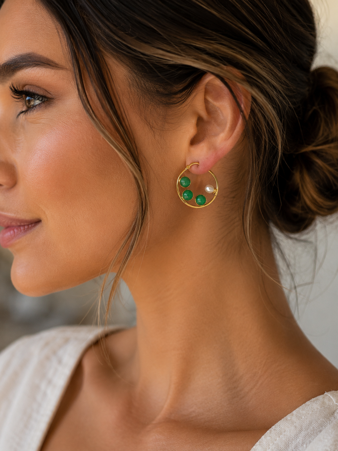 Green Stone & Pearl Gold Hoop Earrings