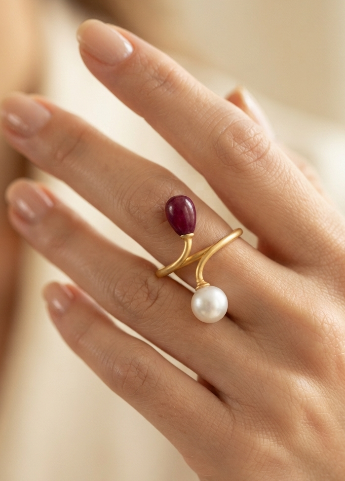 Ruby & Freshwater Pearl Open Ring in 18K Gold Plated
