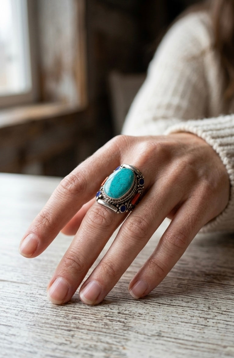 Vintage Turquoise Statement Ring, Handmade Tribal Silver Ring