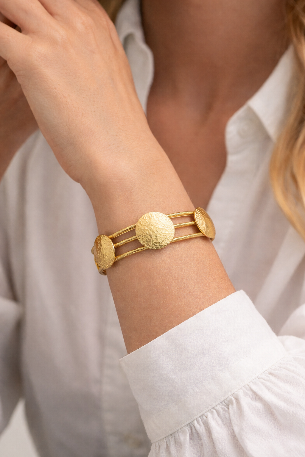 Hammered Gold Disc Triple Band Cuff Bracelet