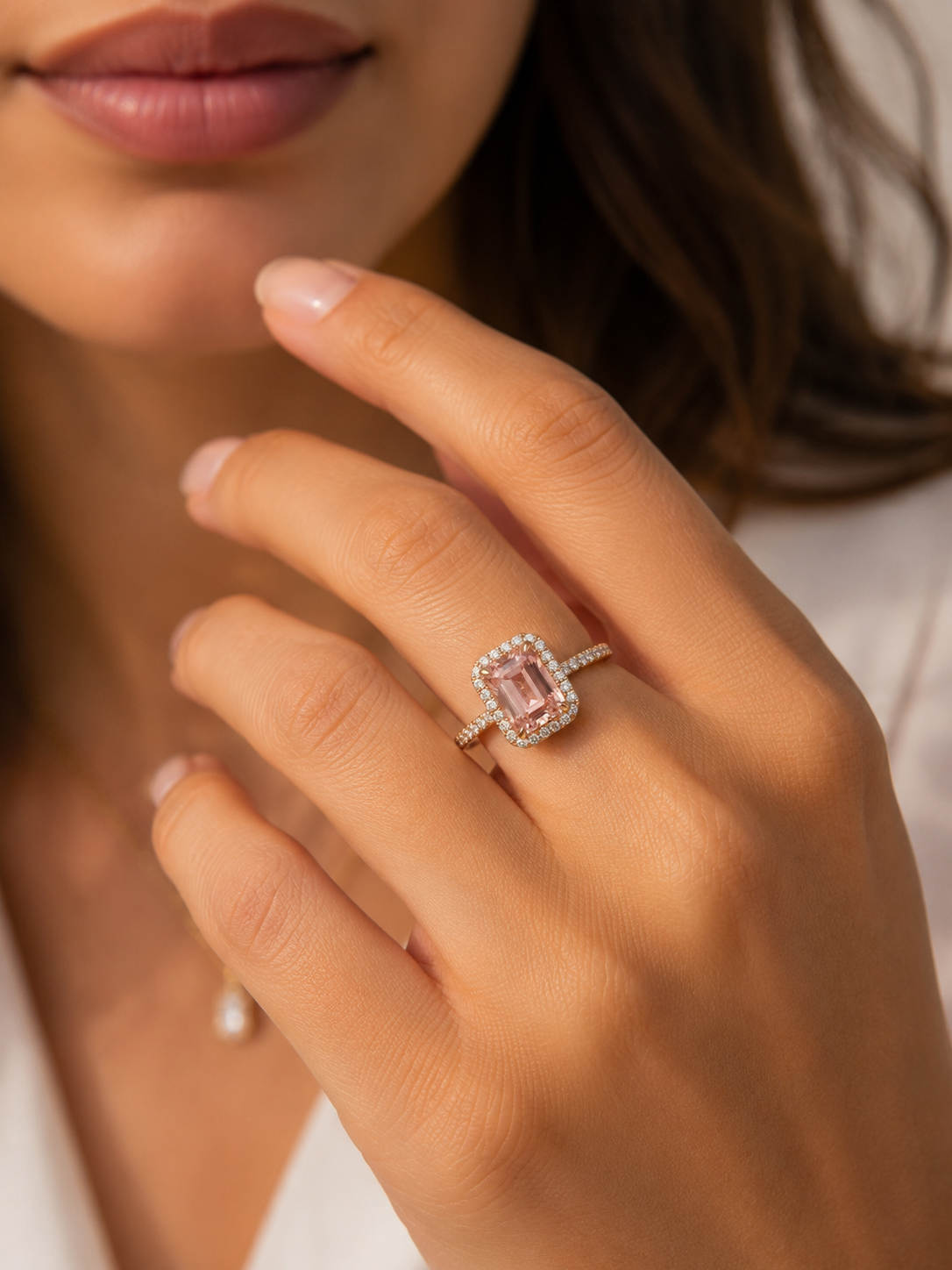 Pink Morganite Halo Ring in Gold Finish