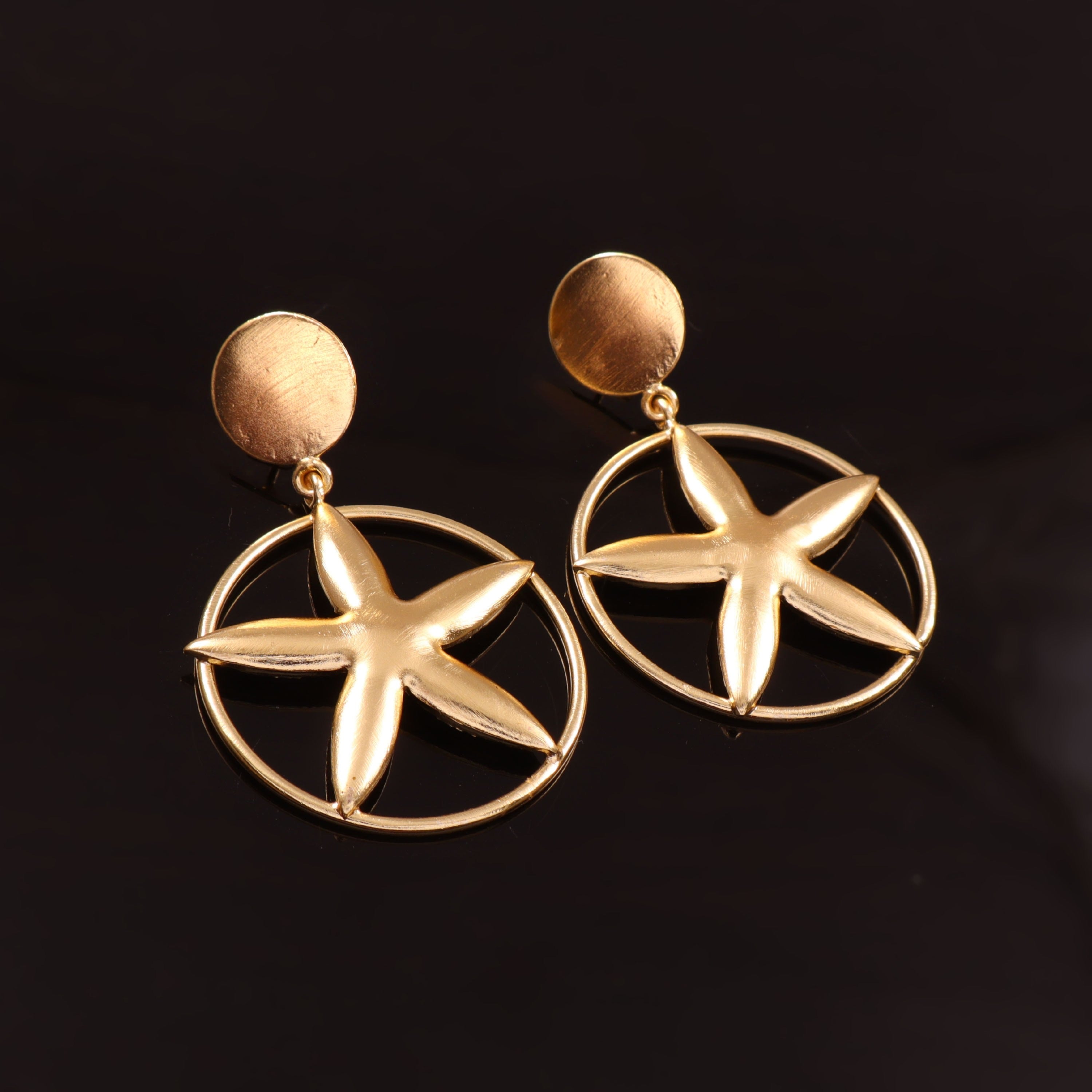 Gold Starfish Drop Earrings Round Stud Ocean Beach Jewelry