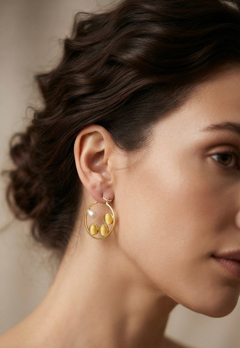 Golden Cat’s Eye & Pearl Hoop Earrings