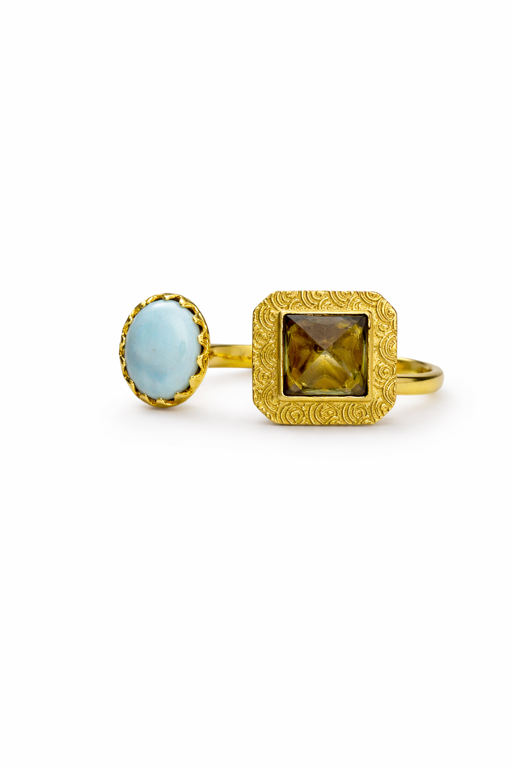 Larimar & Quartz Open Adjustable Ring Gold