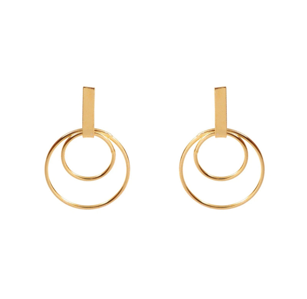 Gold Tone Double Hoop Drop Earrings Modern