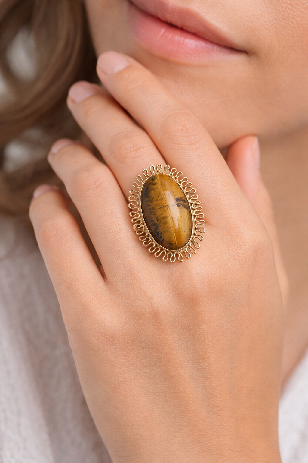 Golden Tiger Eye Oval Statement Adjustable Ring