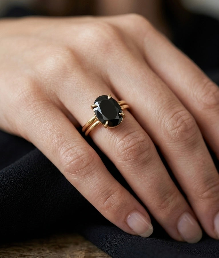 Black Onyx Oval Gold Ring, Oval Black Gemstone Ring