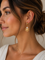 Gold Daisy Pearl Charm Hoop Earrings