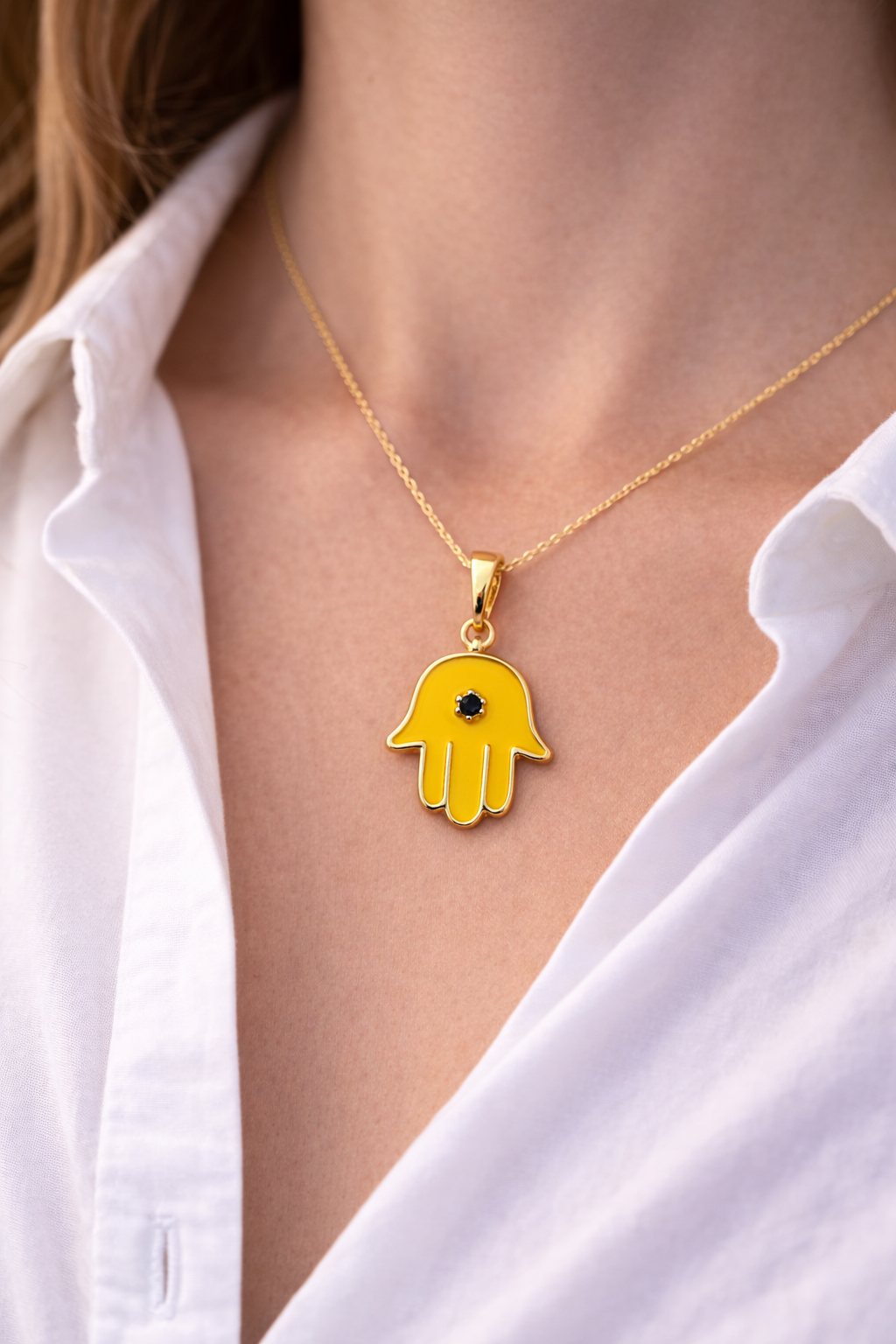 Gold Hamsa Hand Pendant Necklace | Yellow Enamel Evil Eye Charm